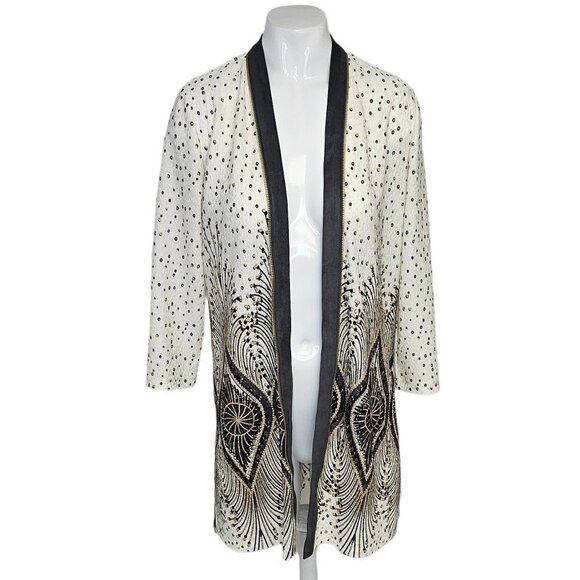 Chicos Travelers Collection  Peacock Feather Foiled 3/4 Sleeve Cardigan Size S - Picture 1 of 12